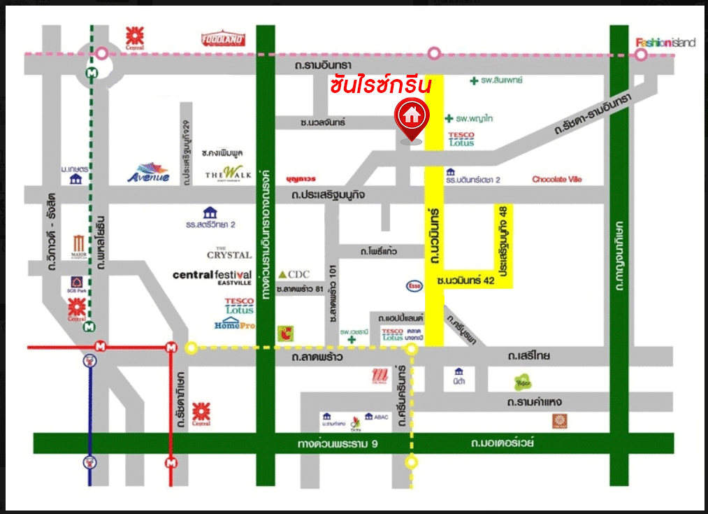 บ้านมือสองตกแต่งใหม่ ดีไซน์สวย โครงการ ซันไรซ์กรีน นวมินทร์ เนื้อที่ 75 ตร.ว. พื้นที่ใช้สอยมากถึง 338 ตร.ม. พร้อมฟังก์ชัน 4 ห้องนอน 4 ห้องน้ำ 1 ห้องแม่บ้าน จอดรถได้ 2 คัน รองรับทุกกิจกรรม บนทำเลเชื่อมต่อหลายเส้นทาง ใกล้รถไฟฟ้าสายสีชมพู "สถานีรามอินทรา" และจุดขึ้นทางด่วน "เอกมัย-รามอินทรา"